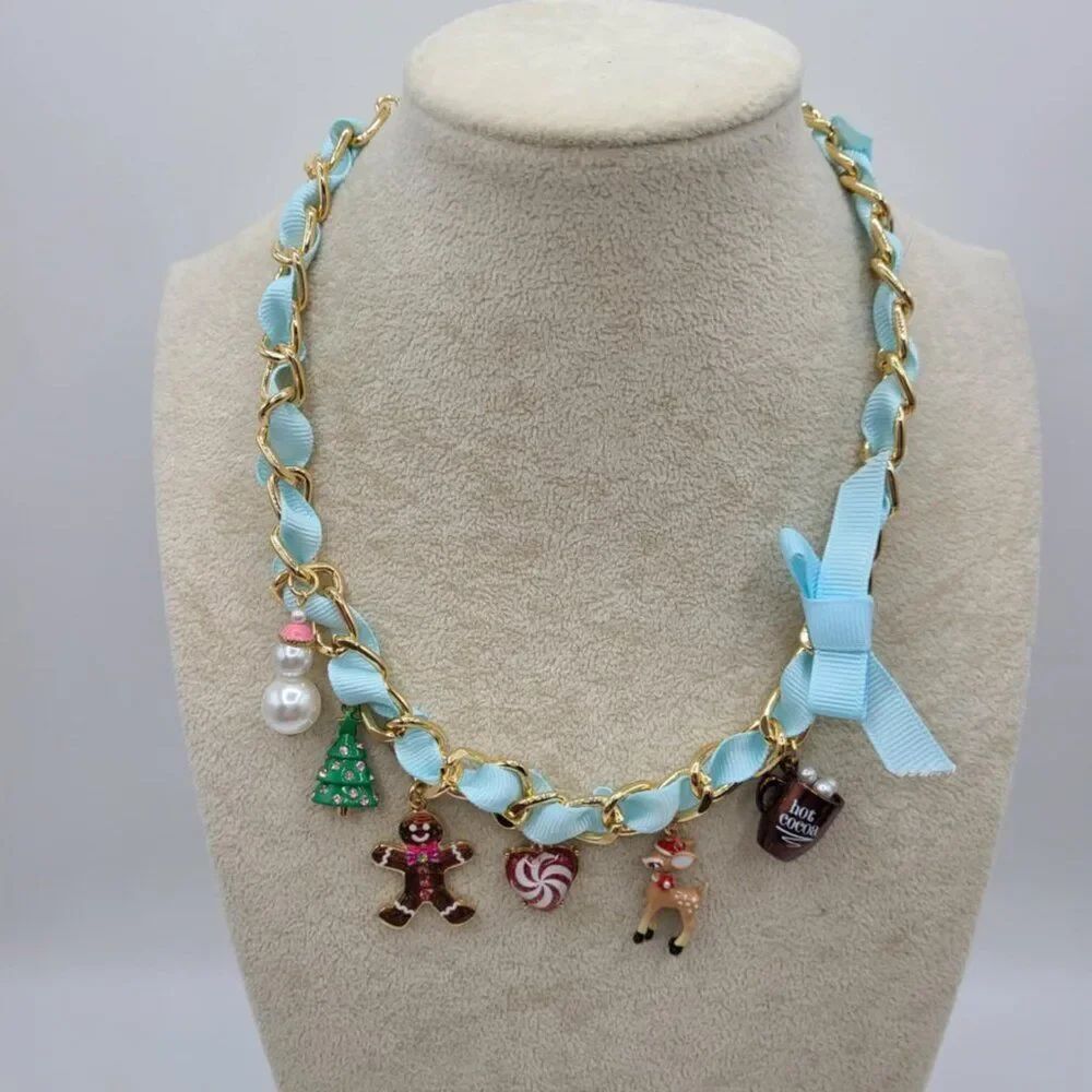 Betsey Johnson Gold Tone Blue Ribbon Christmas Charm Necklace NWT! NEW!